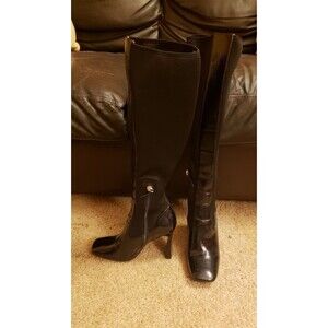 Nine West 40thAnnv Quincy Square Toe Black Leather Stretch Mesh Patent Boots sz6